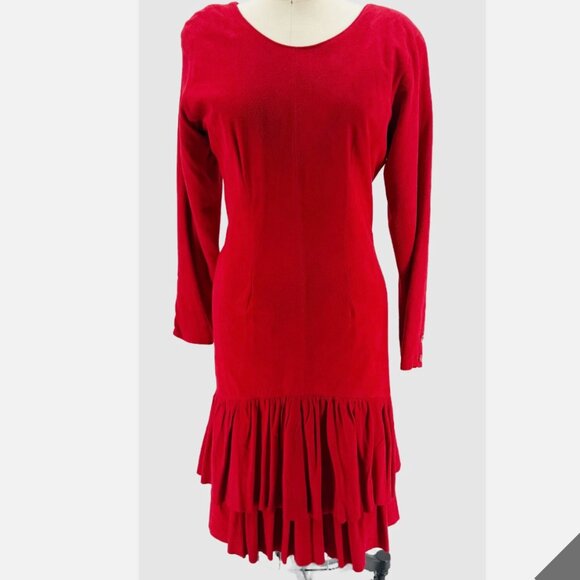 VAKKO Vtg 80s Red Suede Drop Waist Ruffle LSV Dress 6 Cowgirl Western Boho - Picture 1 of 11